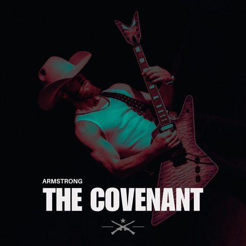 Musician Armstrong playing an electric guitar in a dramatic, dark setting.